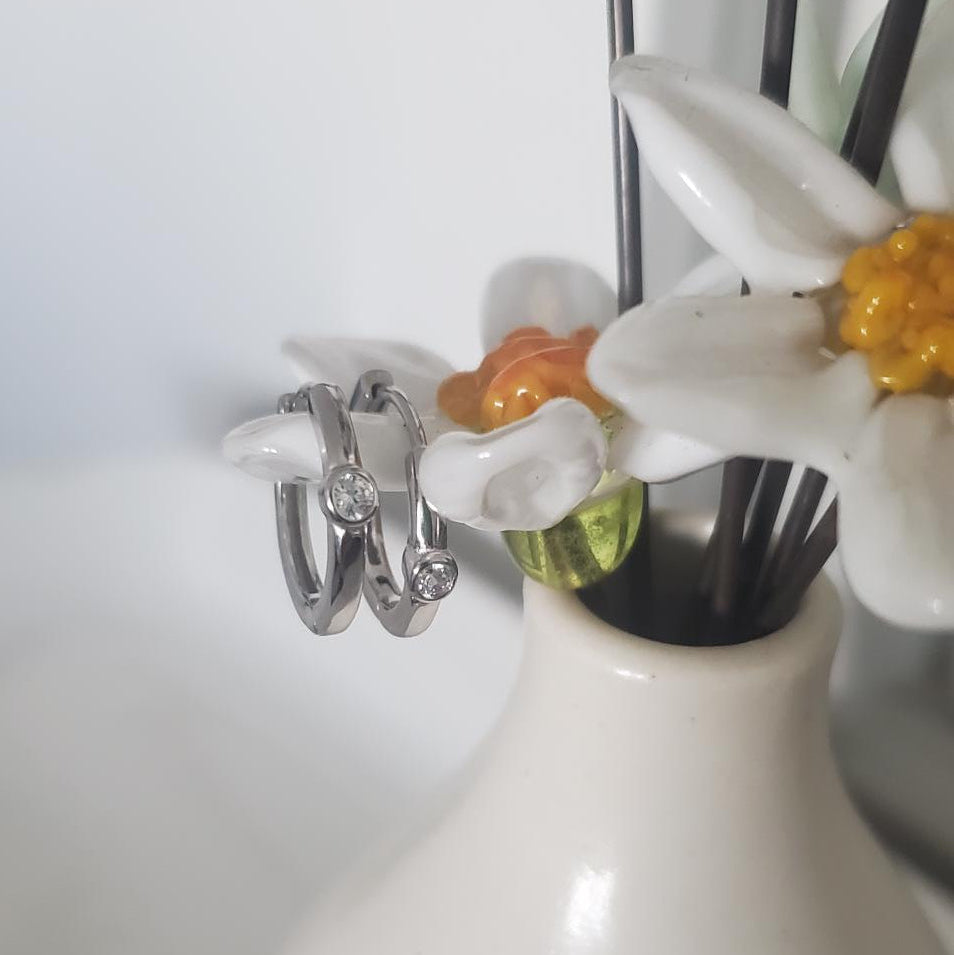 Sterling Silver Rhodium Hoop Earrings with Cubic Zirconia