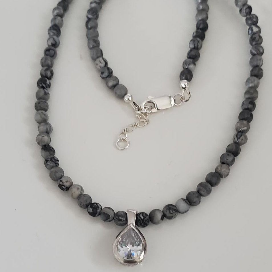 Picture Jasper Beaded Necklace with Sterling Silver Crystal Teardrop Pendant Plein De Vie Jewelry
