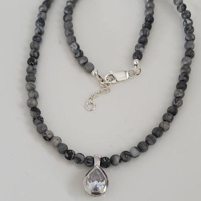 Picture Jasper Beaded Necklace with Sterling Silver Crystal Teardrop Pendant Plein De Vie Jewelry