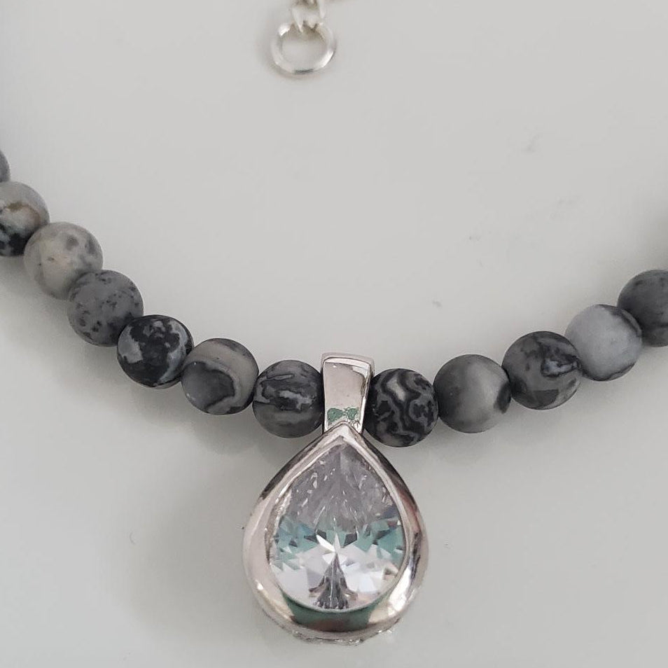 Picture Jasper Beaded Necklace with Sterling Silver Crystal Teardrop Pendant Plein De Vie Jewelry