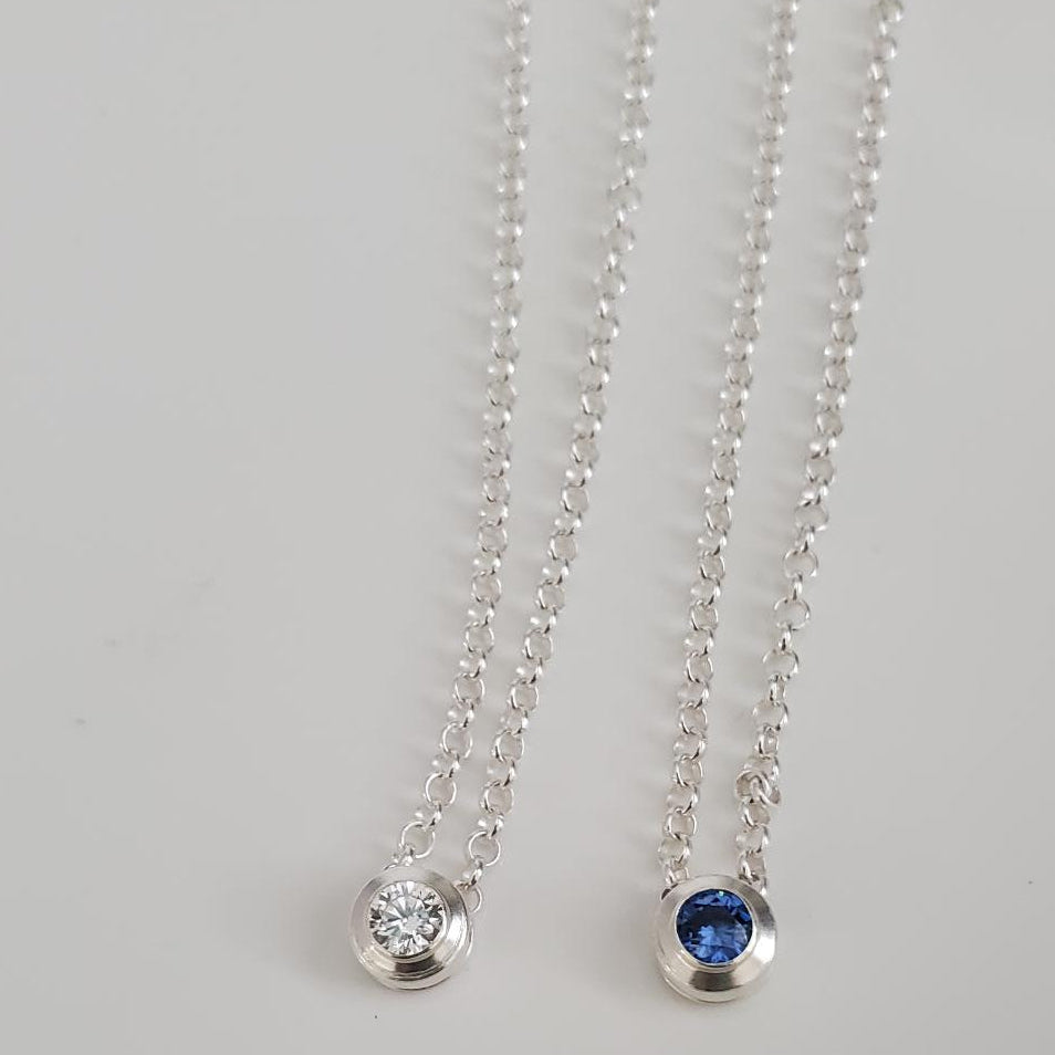 Sterling Silver Sapphire or Crystal Bezel Pendant Necklace