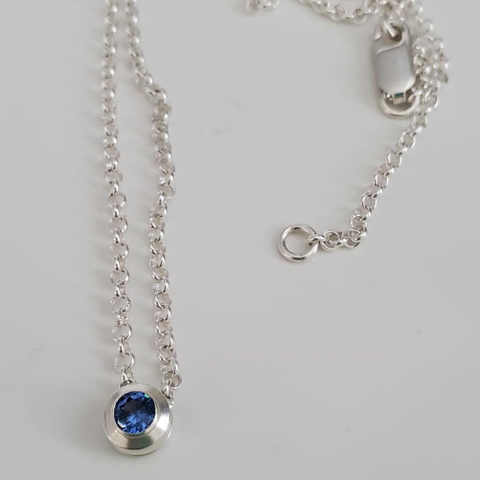 Sterling Silver Sapphire or Crystal Bezel Pendant Necklace Plein De Vie Jewelry