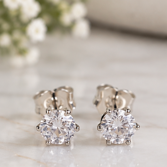 A pair of silver stud earrings with round clear cubic zirconias in a prong setting, displayed on a light marble surface with soft-focus white flowers in the background.