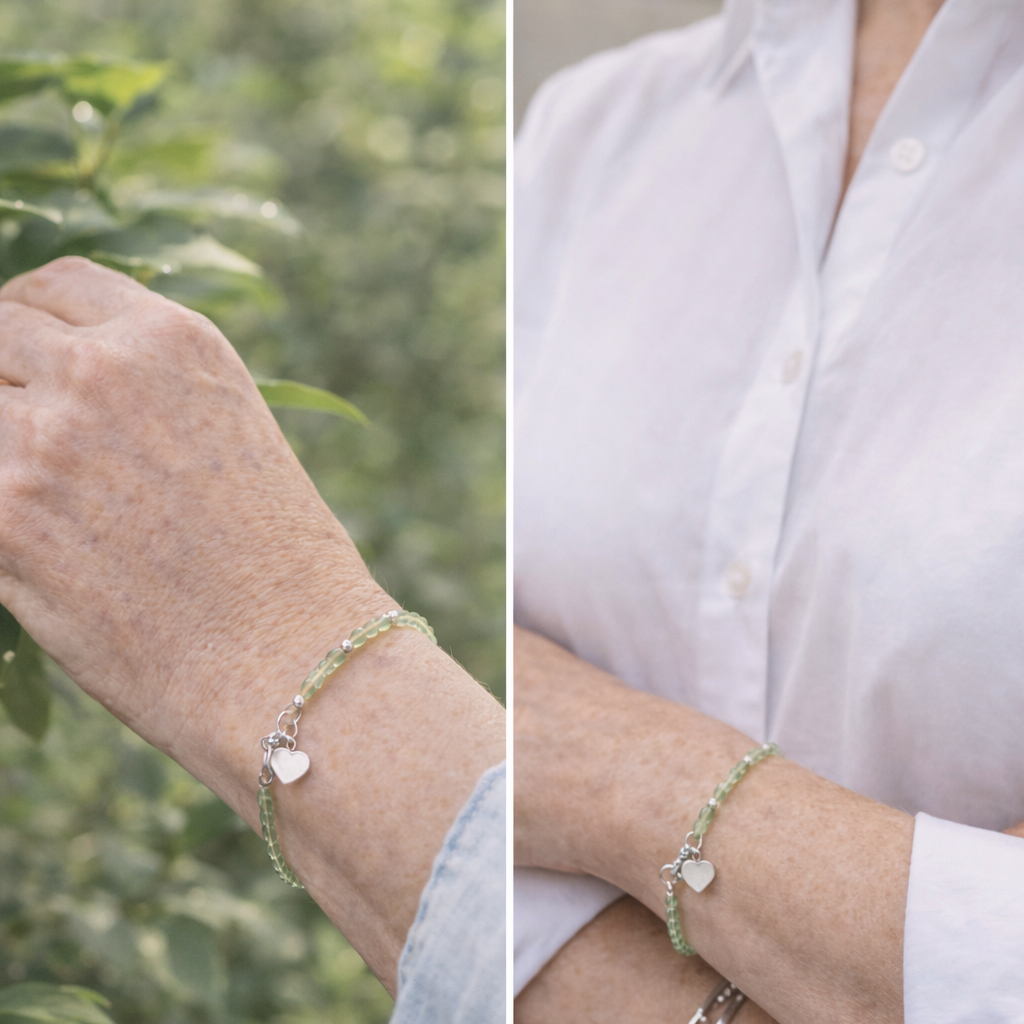 Peridot Micro Faceted Gemstone Bracelet with Sterling Silver Heart Charm Plein De Vie Jewelry