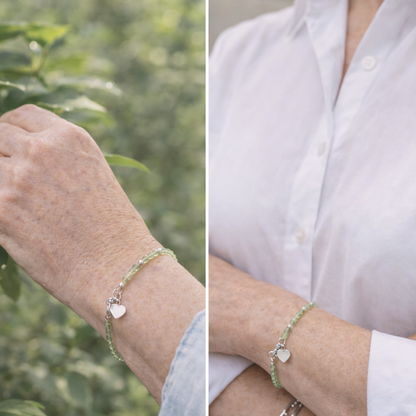 Peridot Micro Faceted Gemstone Bracelet with Sterling Silver Heart Charm Plein De Vie Jewelry