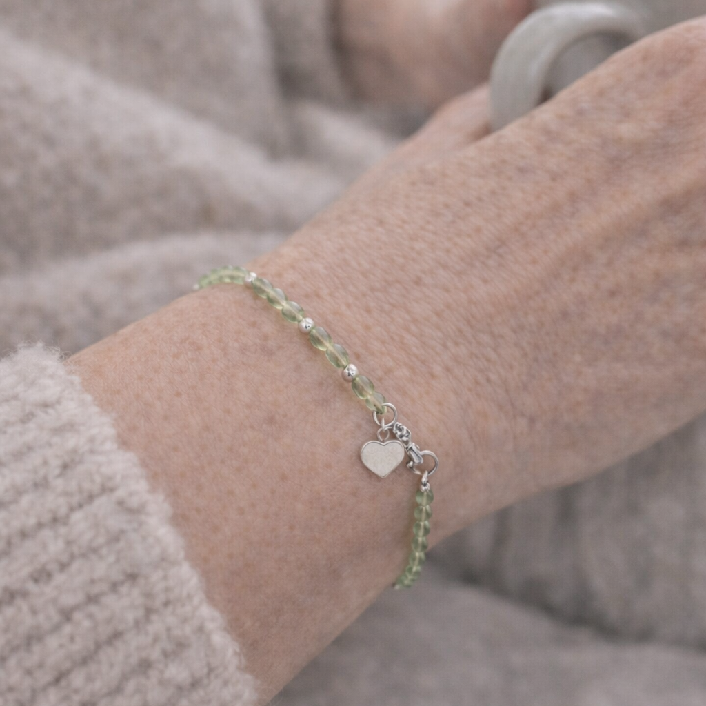 Peridot Micro Faceted Gemstone Bracelet with Sterling Silver Heart Charm Plein De Vie Jewelry