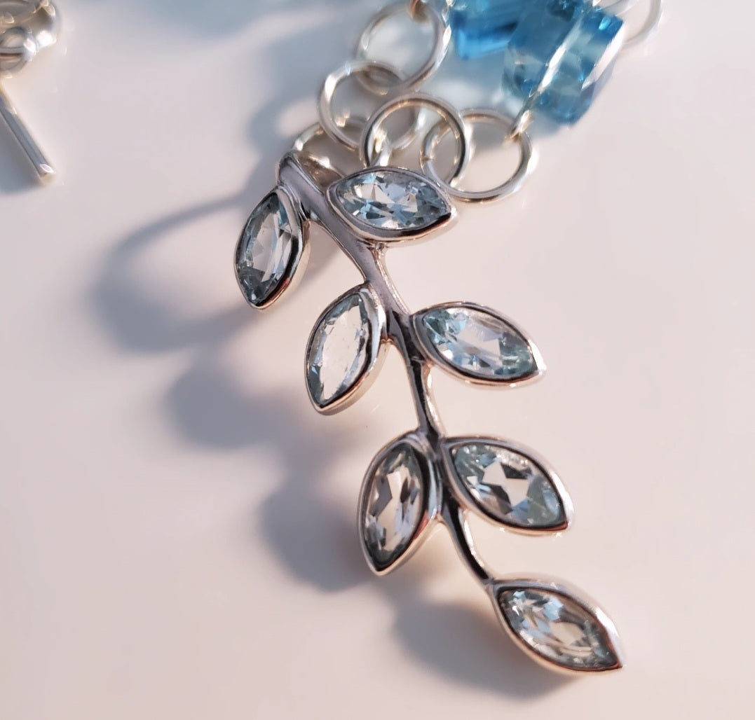 Swarovski Aquamarine Cube Crystal Necklace with Blue Topaz Leaf Pendant