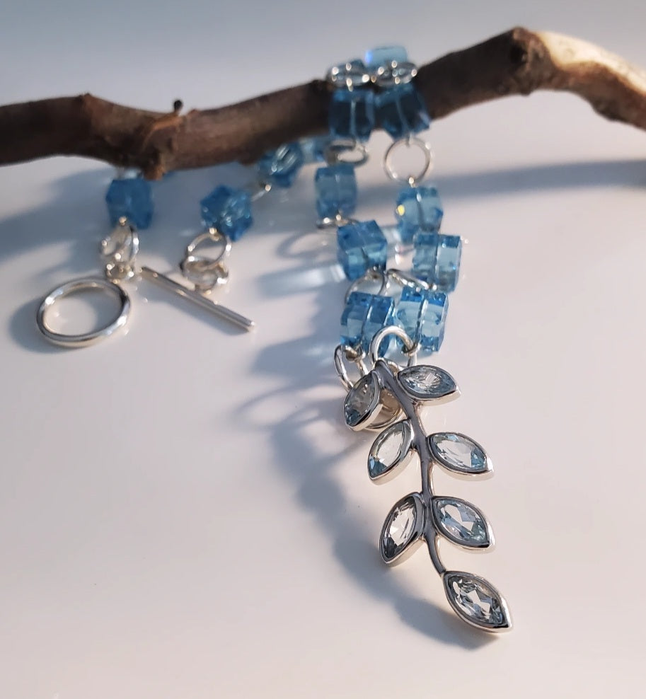 Swarovski Aquamarine Cube Crystal Necklace with Blue Topaz Leaf Pendant