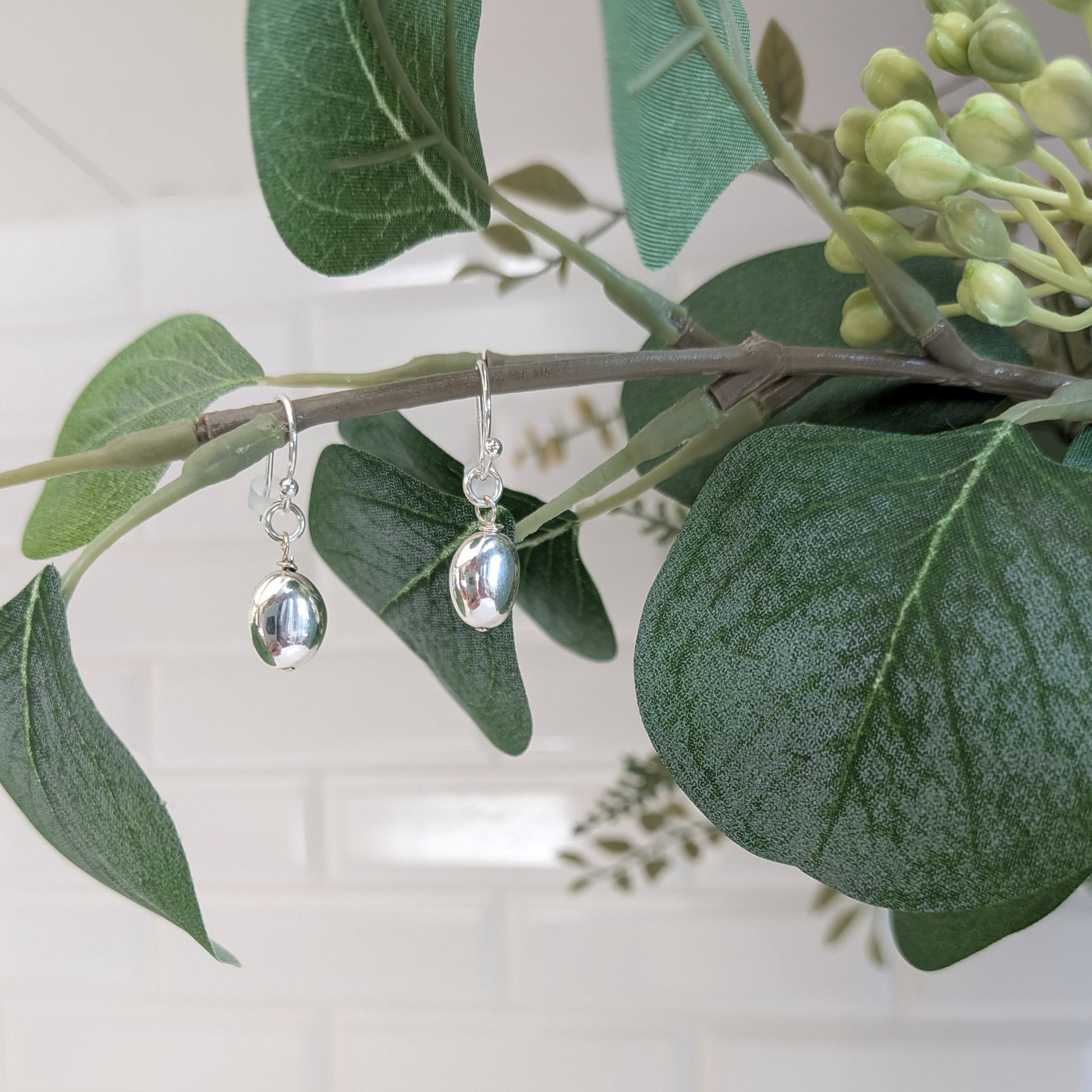 Silver dangle puffed oval drop earrings hanging from a green branch with eucalyptus leaves against a white subway tile wall.
