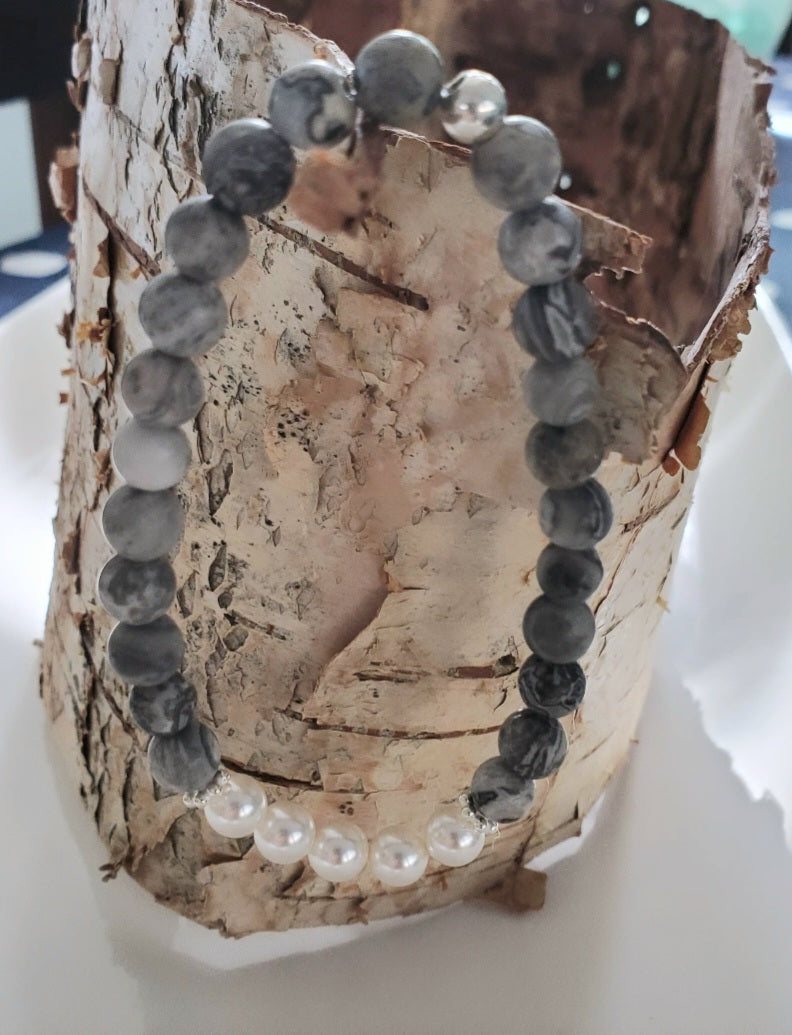 Picture Jasper Gemstone Bracelet with a Few Swarovski Pearls