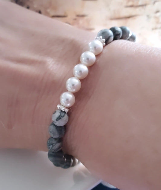 Picture Jasper Gemstone Bracelet with a Few Swarovski Pearls