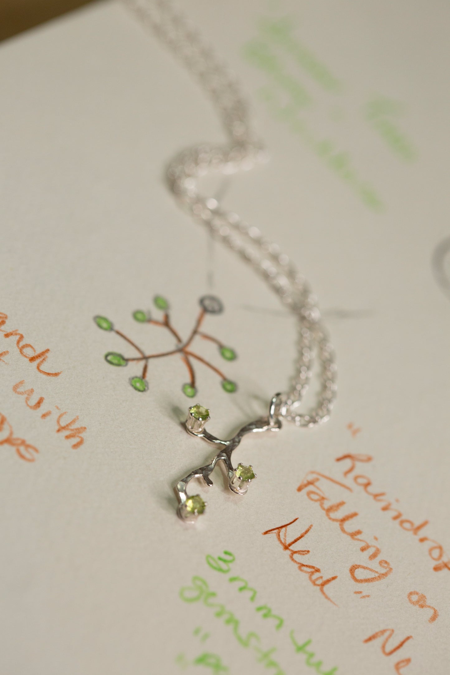 Nature Sterling Silver Peridot Bud Branch Necklace