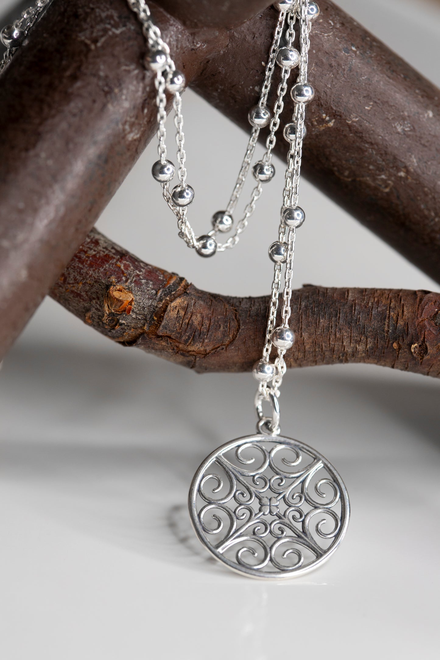 Sterling Silver: Cable Link, Ball Chain, Filigree Pendant