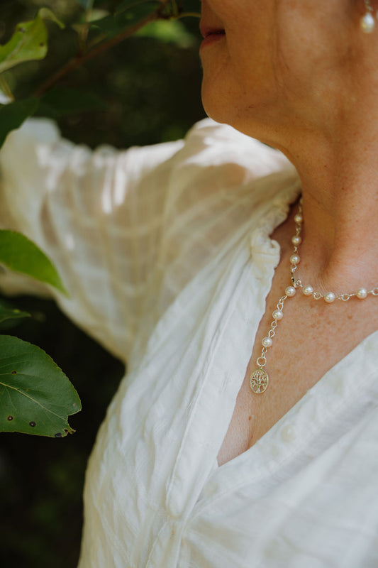 Timeless Pearl Tree of Life Lariat Necklace