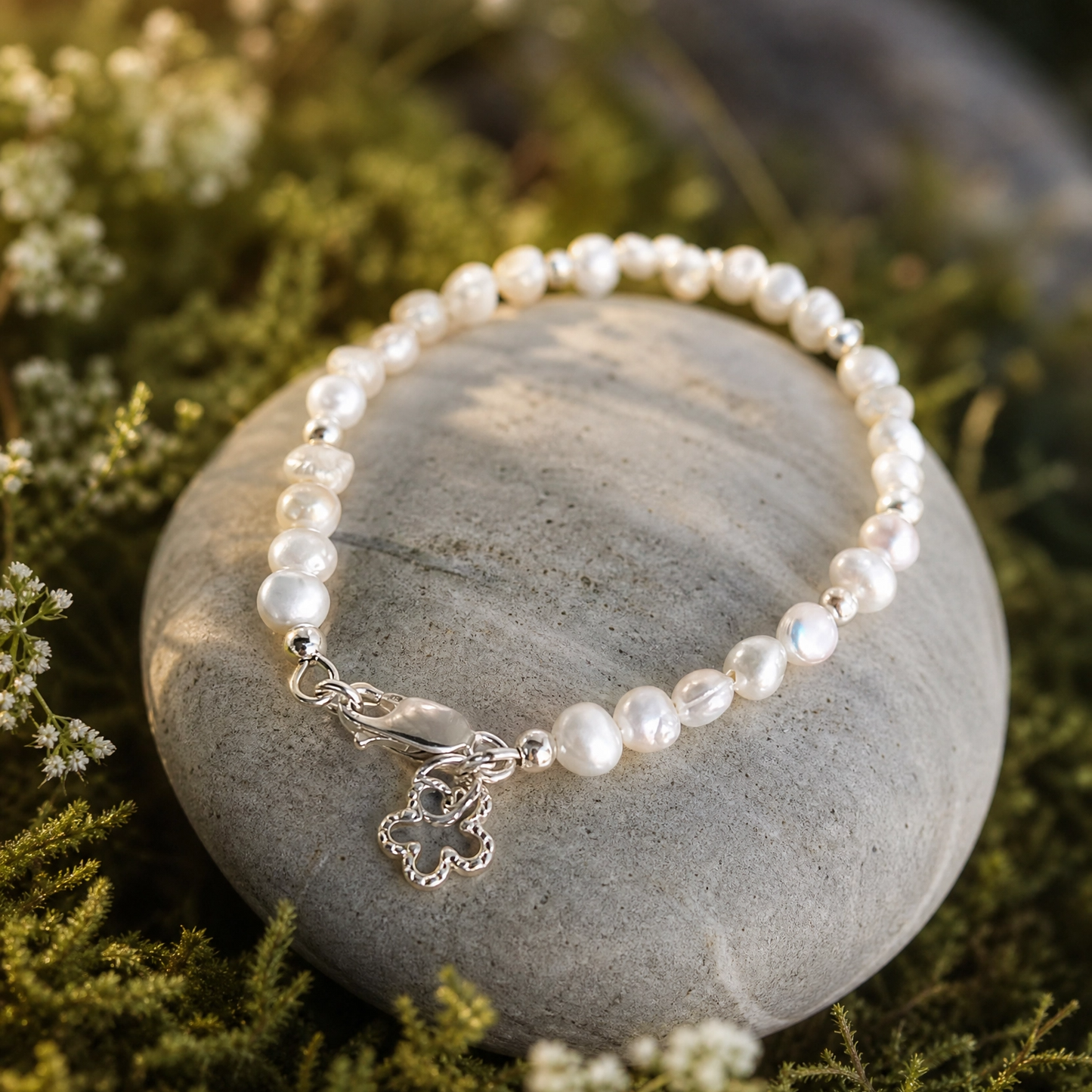 A pearl beaded bracelet with a silver flower charm, displayed on a smooth gray stone surrounded by green moss and small white flowers.