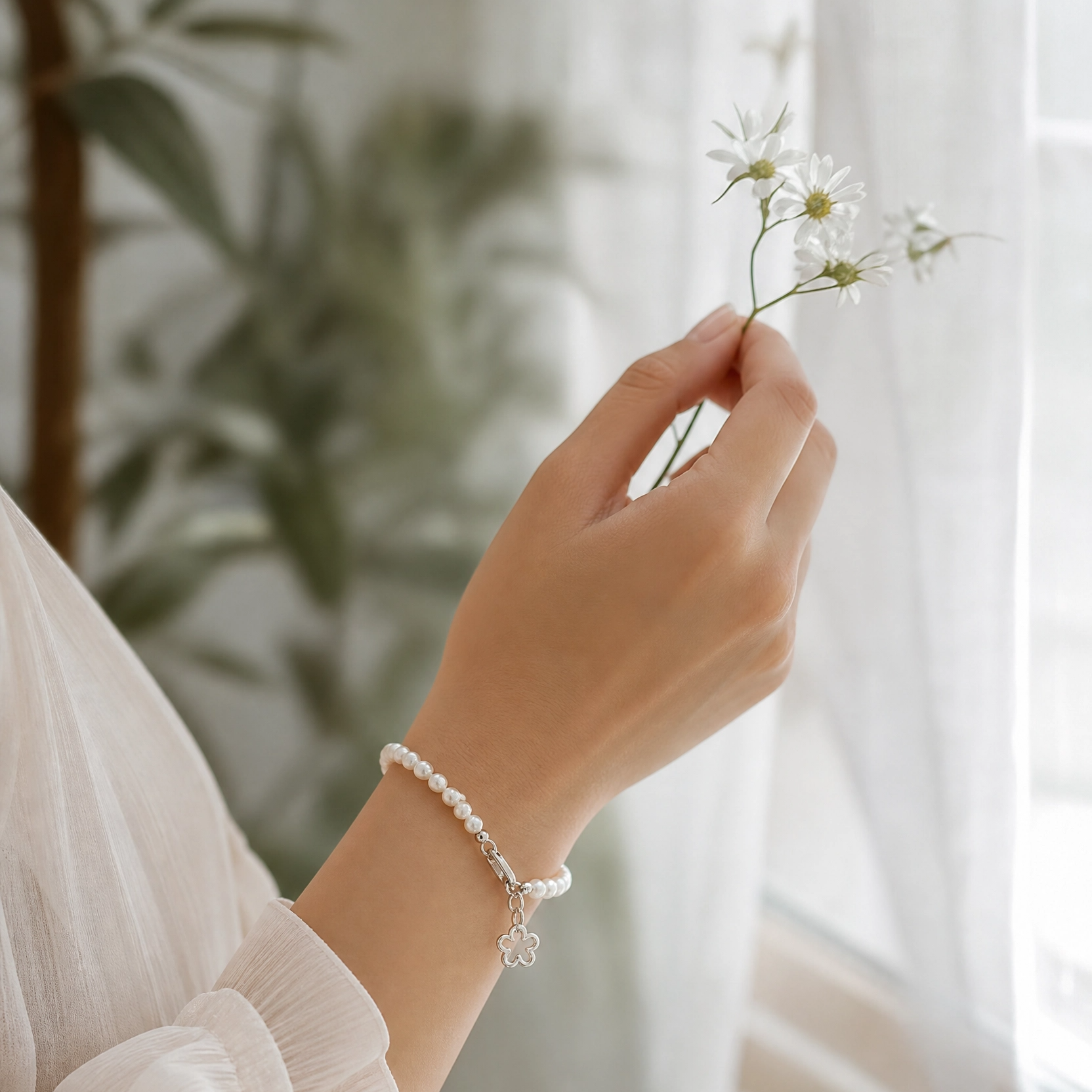 A close-up of a person's hand holding small white flowers, wearing a delicate white pearl bracelet with a silver flower charm on the wrist. The background is a soft, bright room with sheer curtains and a blurred green plant.