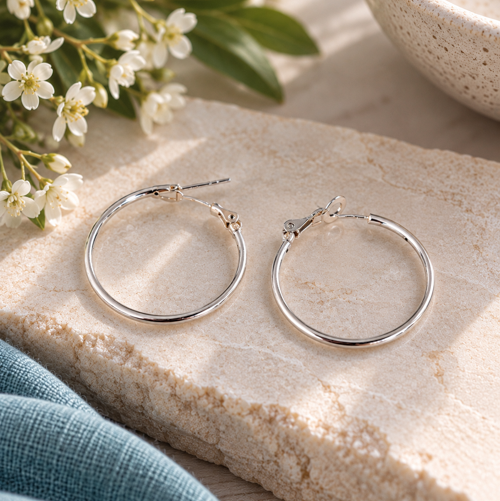 A pair of polished silver hoop earrings resting on a textured beige stone slab, styled with small white flowers, green leaves, a blue fabric napkin, and a ceramic bowl in soft natural light.