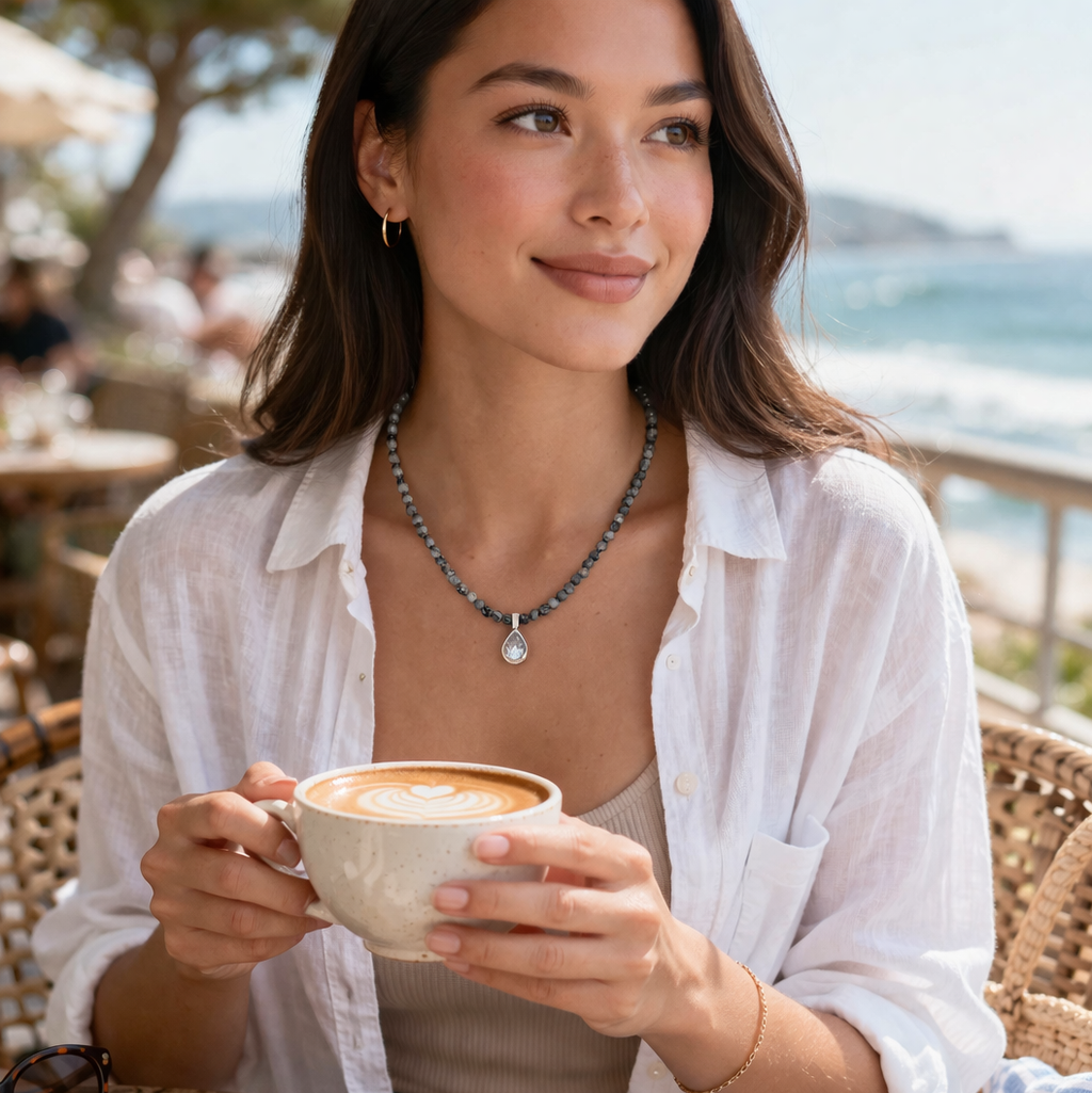 Picture Jasper Beaded Necklace with Sterling Silver Crystal Teardrop Pendant Plein De Vie Jewelry