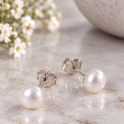 A pair of white freshwater pearl stud earrings with silver posts and butterfly backings, displayed on a light marble surface with small white flowers in the background.