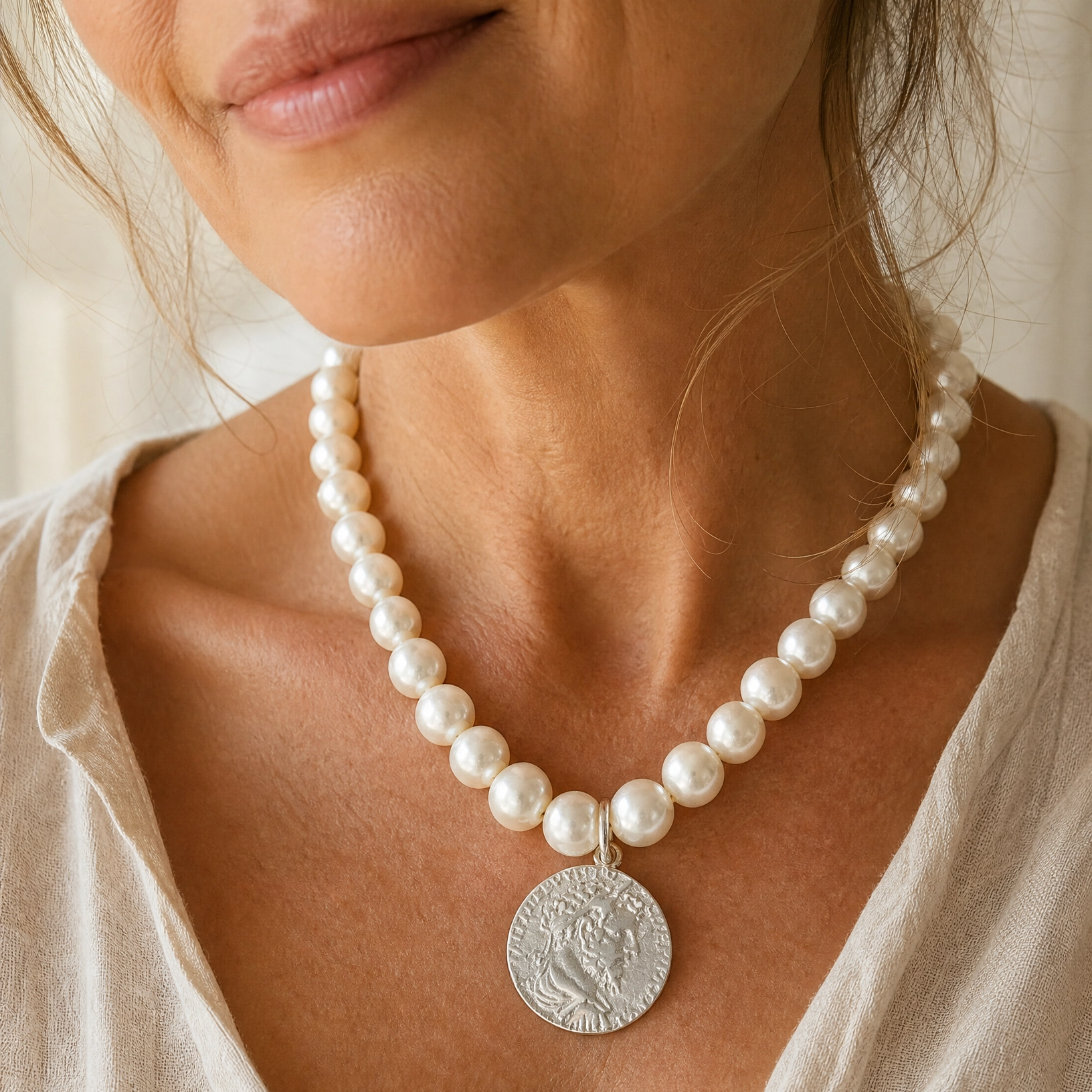 White Baroque Style Round Edison Pearl Necklace with European Coin Pendant