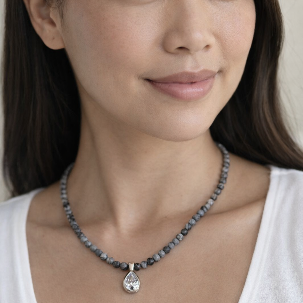 Picture Jasper Beaded Necklace with Sterling Silver Crystal Teardrop Pendant Plein De Vie Jewelry