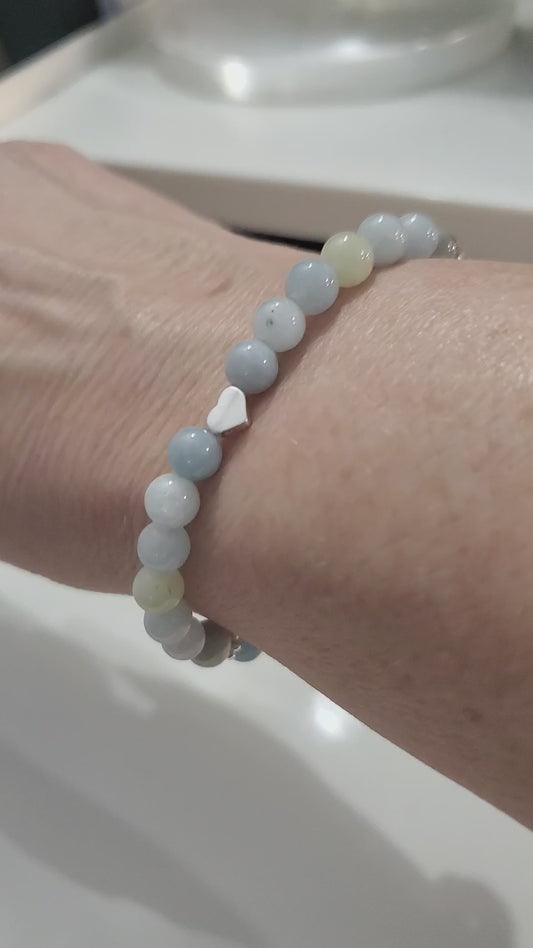 Aquamarine & Sterling Silver Heart Stretch Bracelet