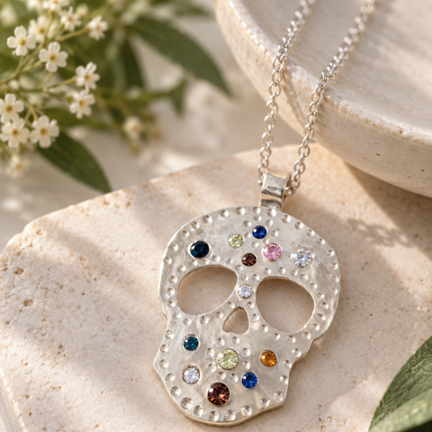A silver skull pendant necklace adorned with colorful gemstones, resting on a textured beige stone block with small white flowers in the background.