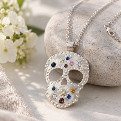 A silver sugar skull pendant necklace adorned with small multicolored gemstones, displayed on a textured stone and beige fabric with white flowers in the background.