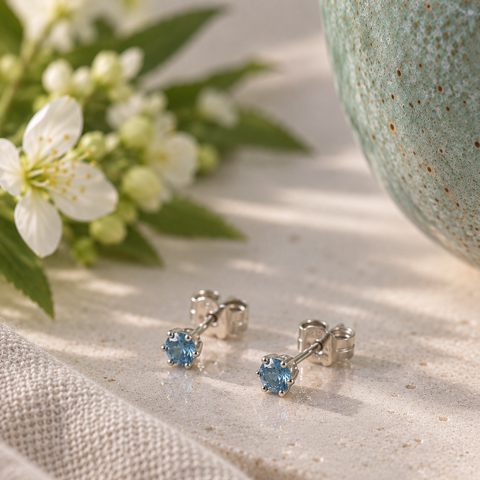 A pair of silver stud earrings with round blue gemstones resting on a textured beige fabric surface, styled with white flowers and a ceramic object in the background.