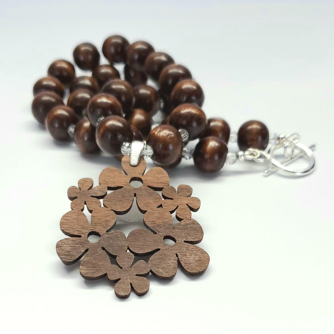 Flower Power Mahogany and Wood Necklace