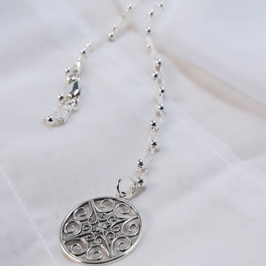 Sterling Silver Cable Link with Connecting Ball Chain and Filigree Pendant