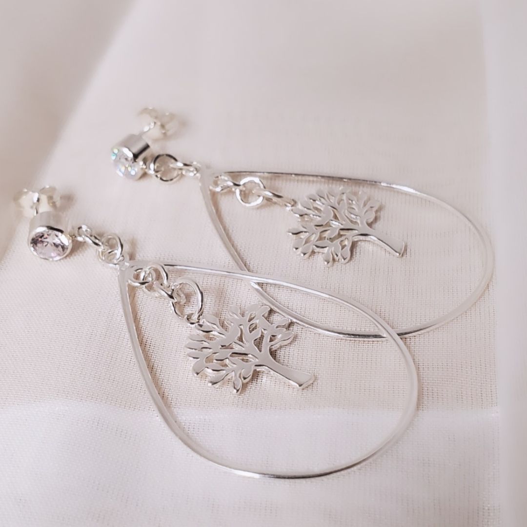 Sterling Silver Post Drewdrops and Trees Earrings