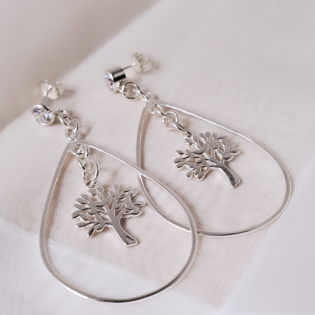 Sterling Silver Post Drewdrops and Trees Earrings