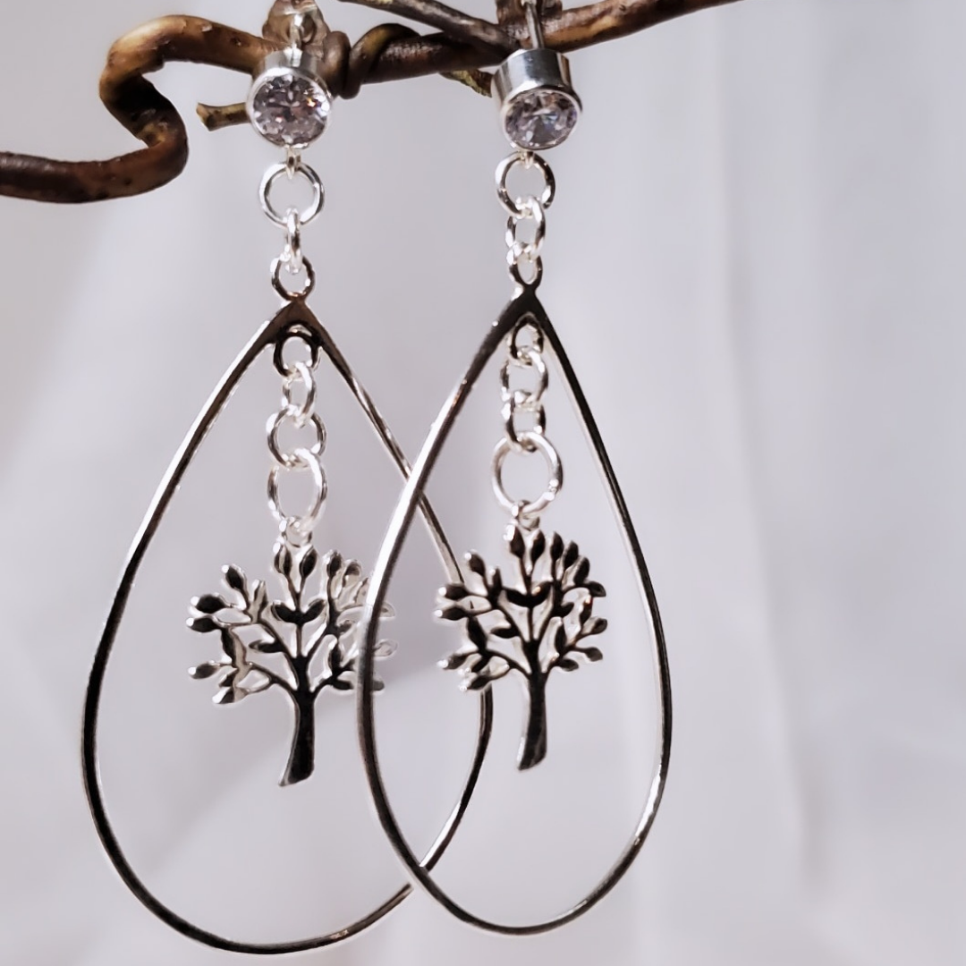 Sterling Silver Post Drewdrops and Trees Earrings