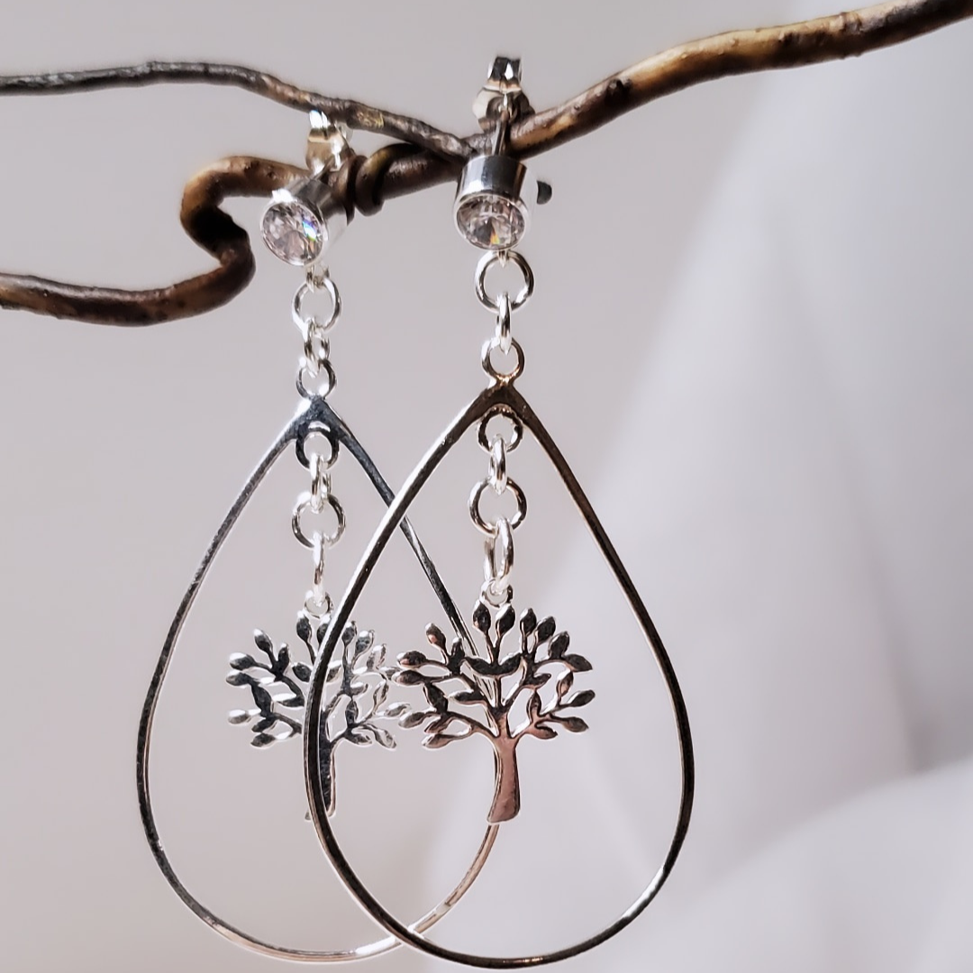 Sterling Silver Post Drewdrops and Trees Earrings