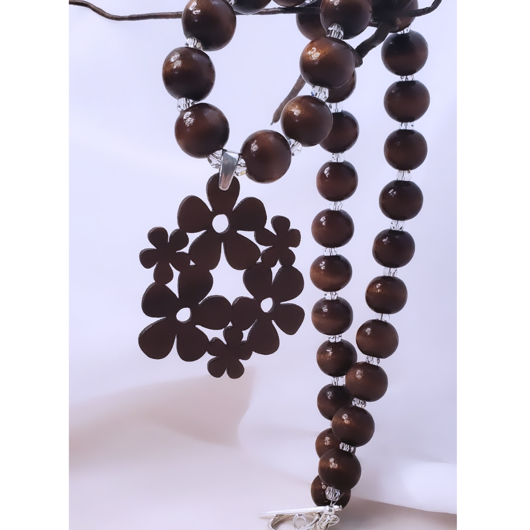 Flower Power Mahogany and Wood Necklace